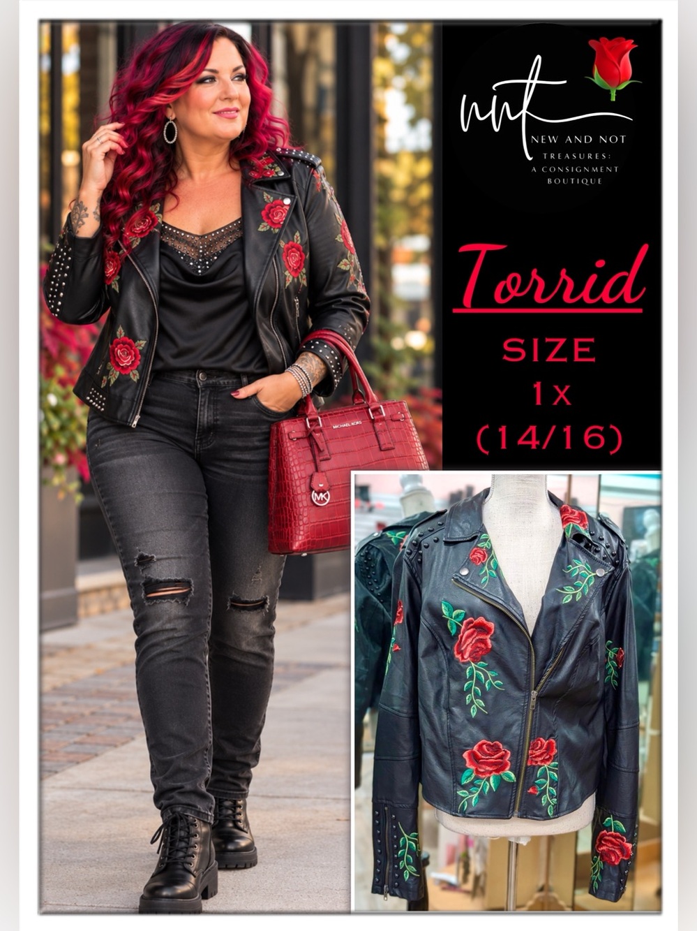 Torrid 1X Black Faux Leather Moto Jacket Red Rose Embroidered Studded Plus 14/16